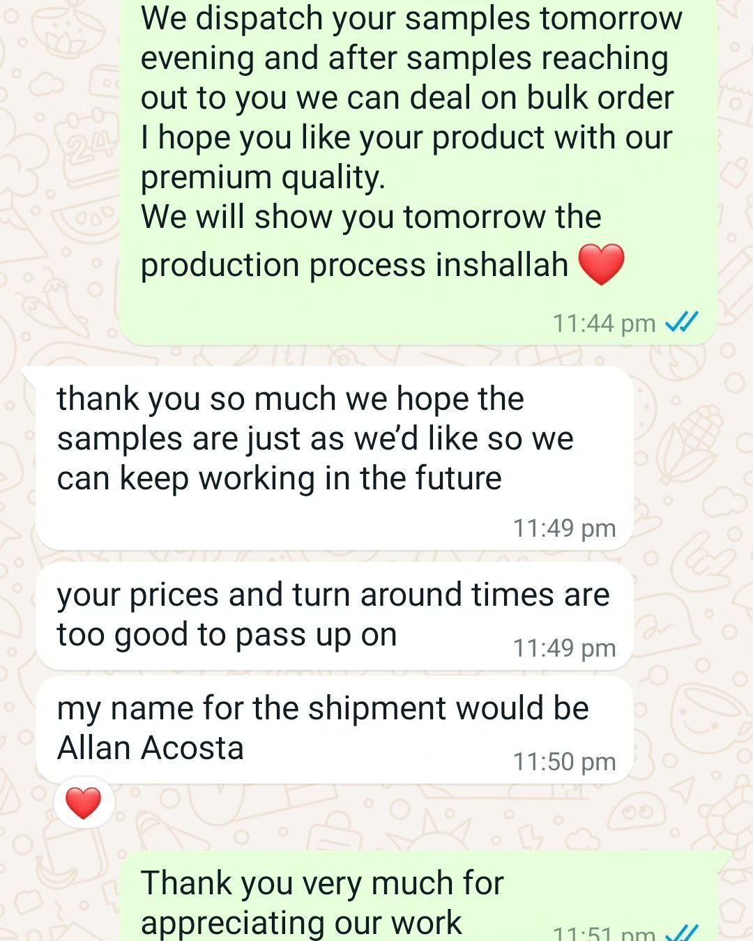 Customer chat or order receipt from a Beyond Lace partner