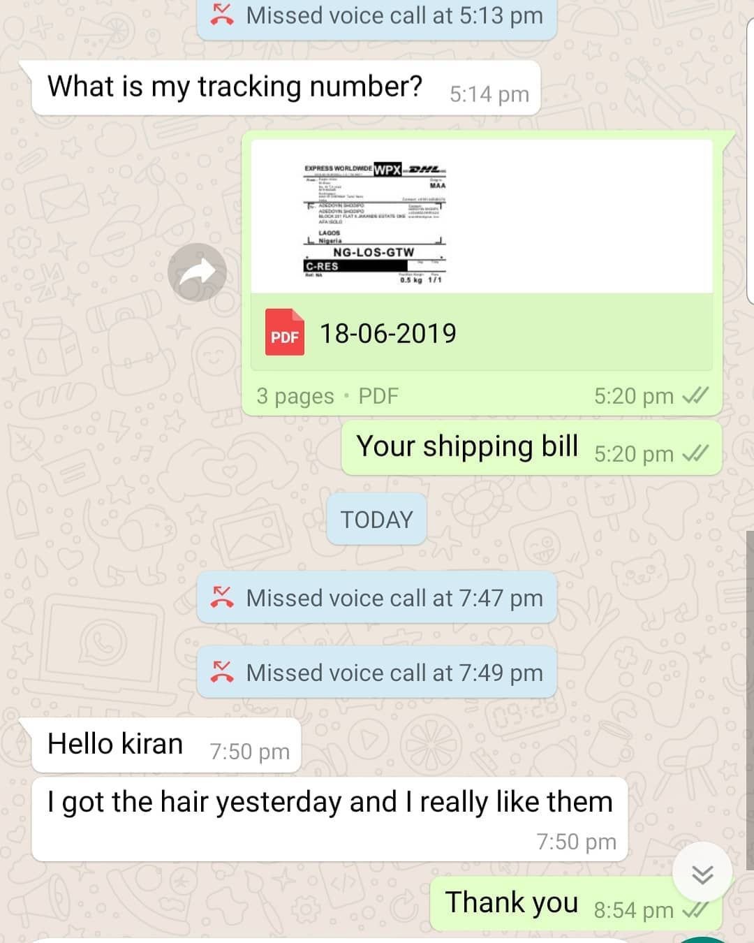 Customer chat or order receipt from a Beyond Lace partner