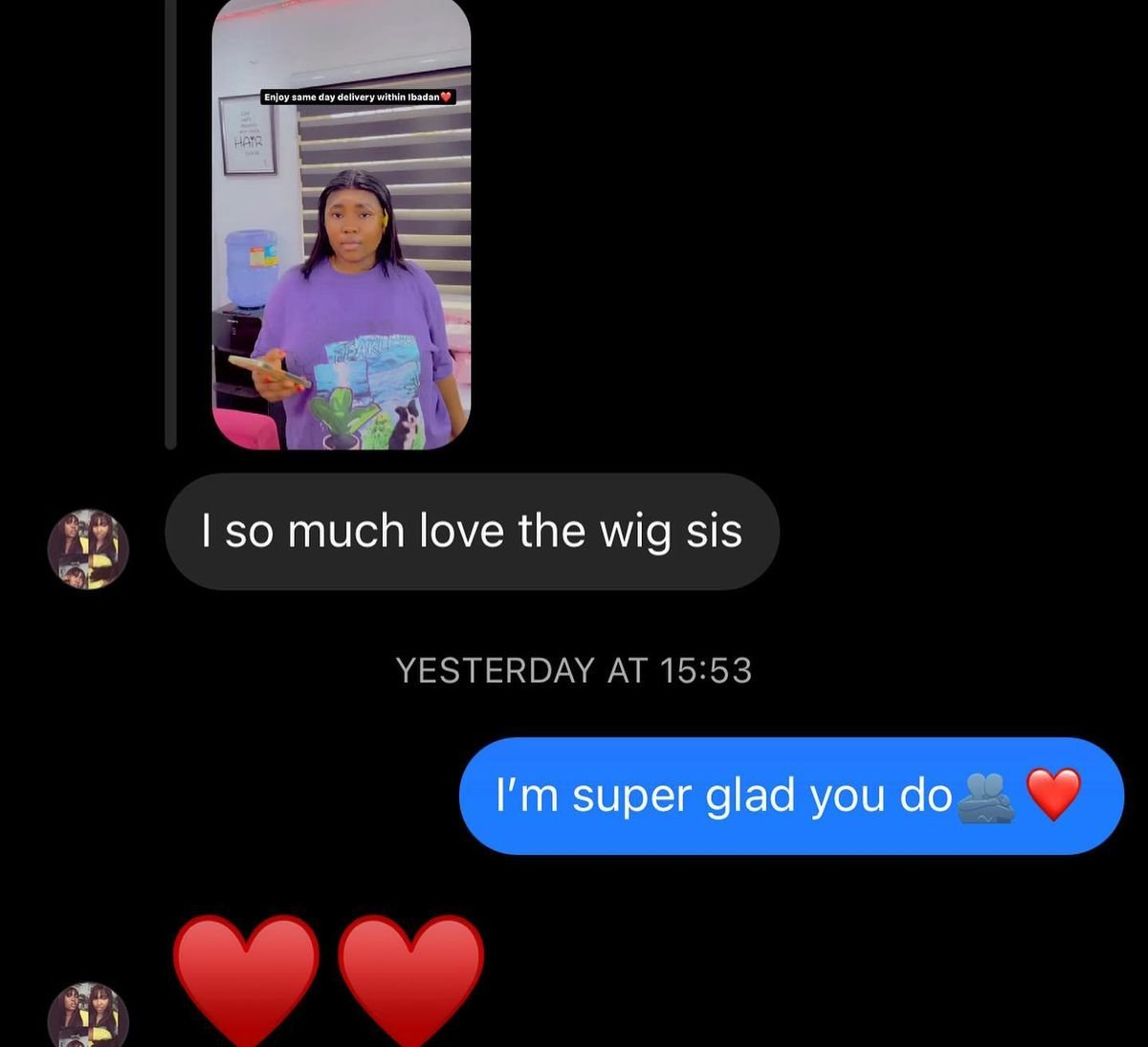 Customer chat or order receipt from a Beyond Lace partner